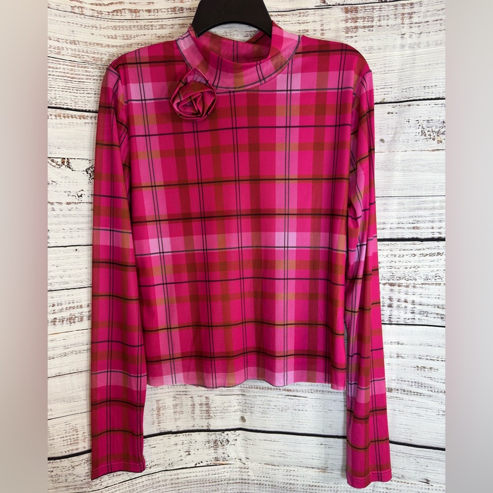 Chelsea and Violet Top Womens Sz XL plaid mesh chiffon cheer mock turtleneck New - Picture 2 of 13